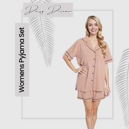 Women's Natural Short Pyjama Set Button Up Top And Shorts With Pockets