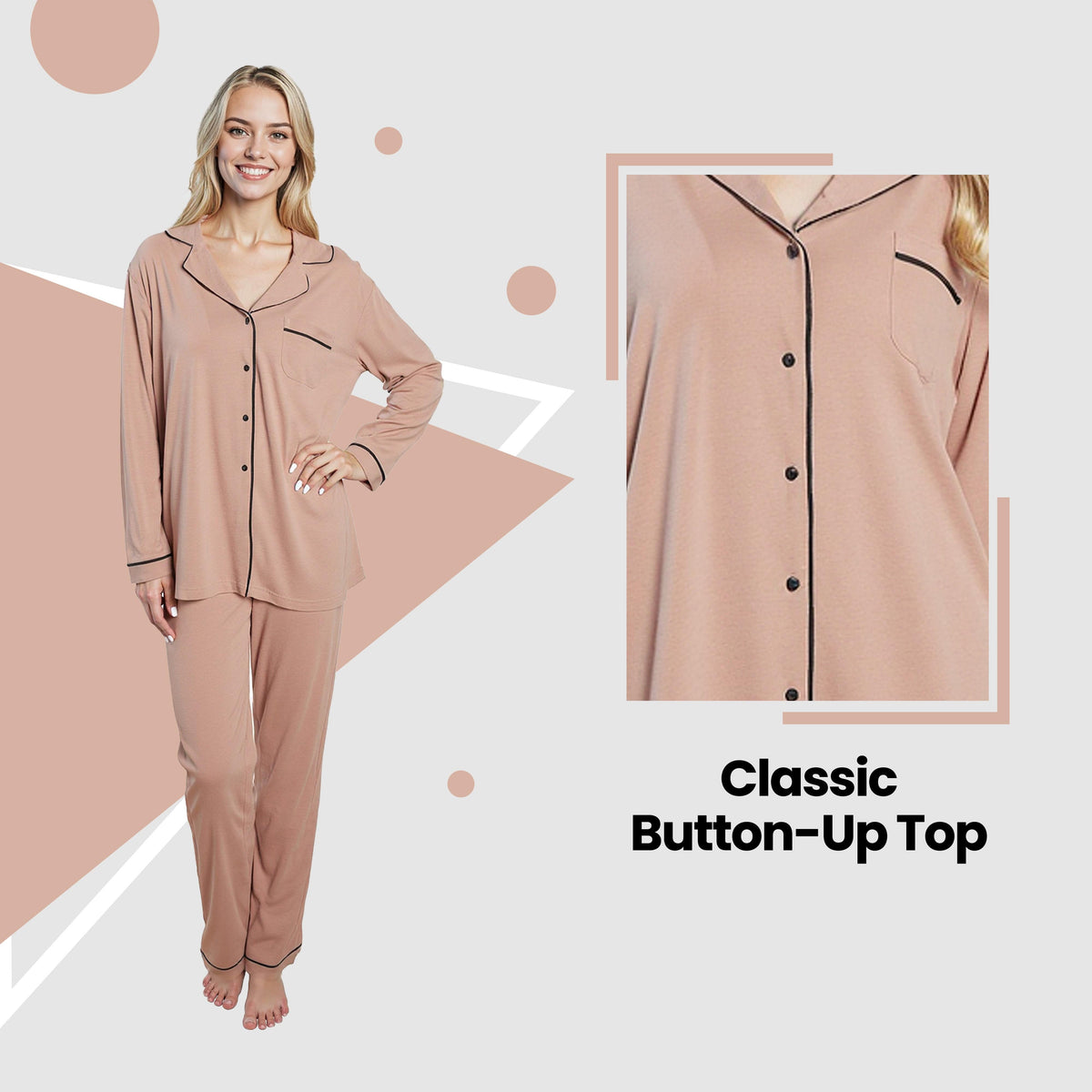 Women's Pyjama Set Natural Soft Touch Long Sleeve Button-Up Top and Bottoms
