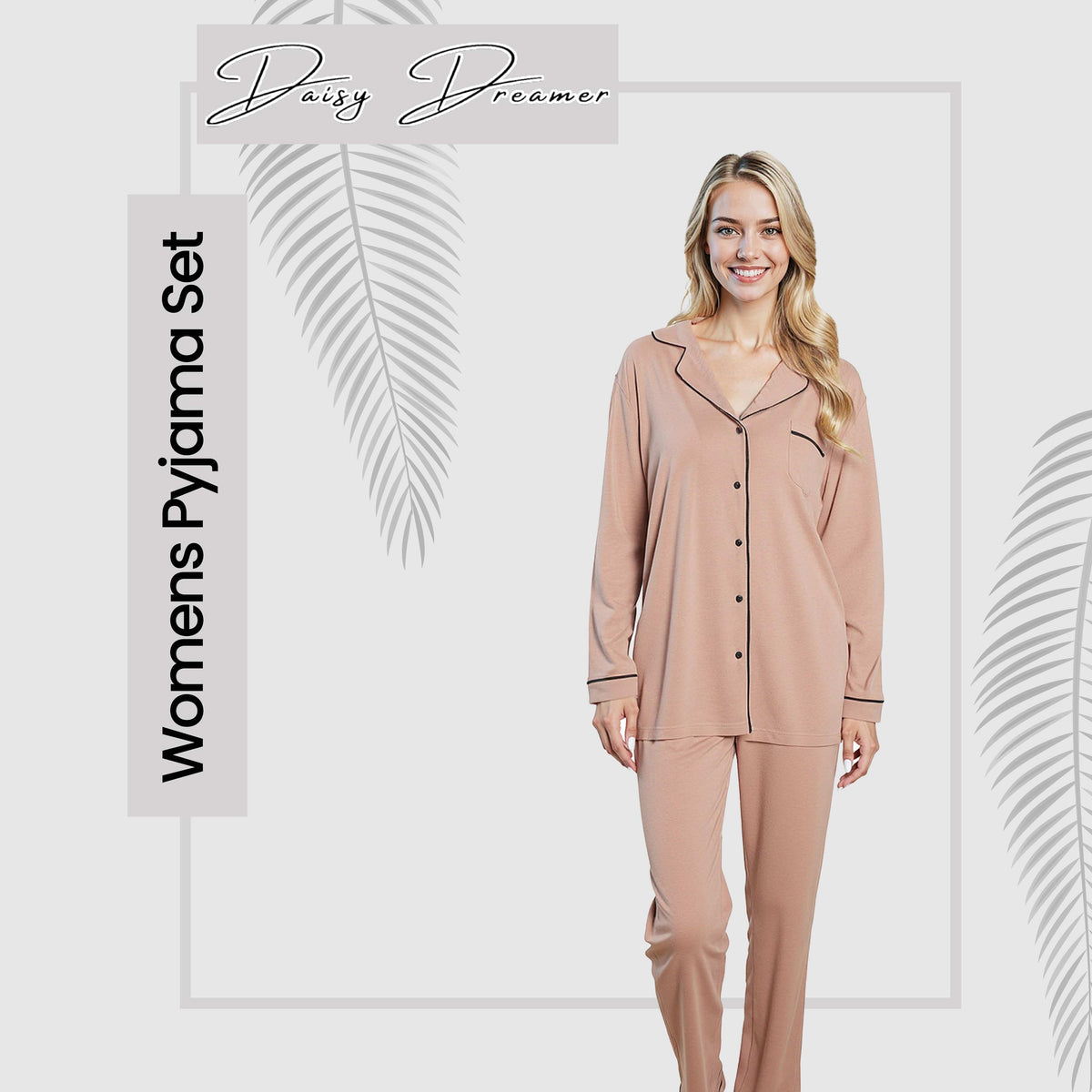 Women's Pyjama Set Natural Soft Touch Long Sleeve Button-Up Top and Bottoms