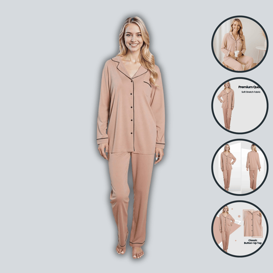 Women's Pyjama Set Natural Soft Touch Long Sleeve Button-Up Top and Bottoms