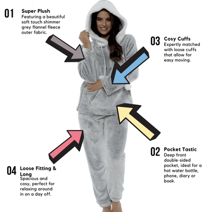 Women Shimmer Grey Plush Fleece Hooded Pyjama Set With Sherpa Trim Easy-Care Super Soft Sleep Set