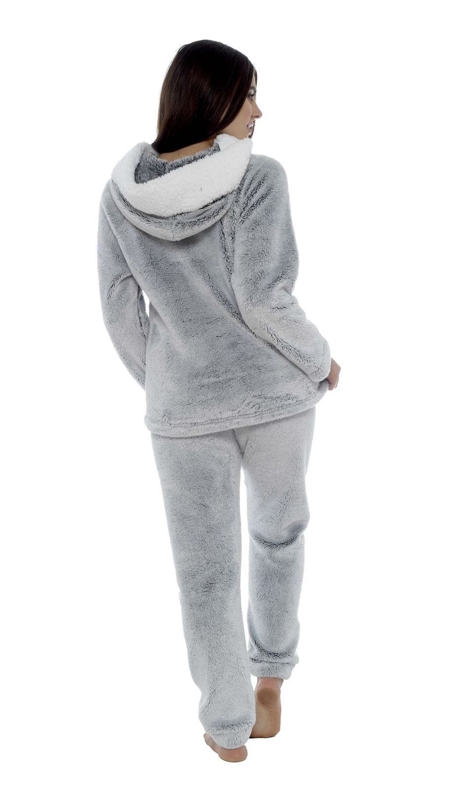 Women Shimmer Grey Plush Fleece Hooded Pyjama Set With Sherpa Trim Easy-Care Super Soft Sleep Set