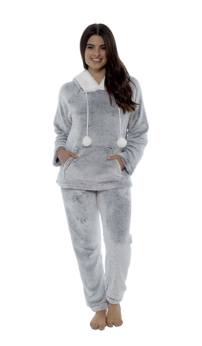 Women Shimmer Grey Plush Fleece Hooded Pyjama Set With Sherpa Trim Easy-Care Super Soft Sleep Set