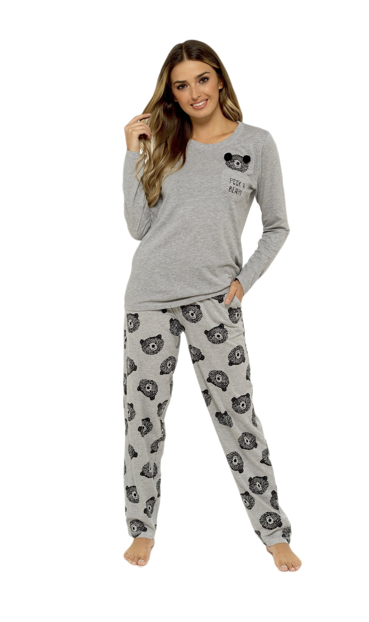 Womens Grey Cotton Pyjama Set With Teddy Bear Design Cosy Easy-Care Nightwear Set