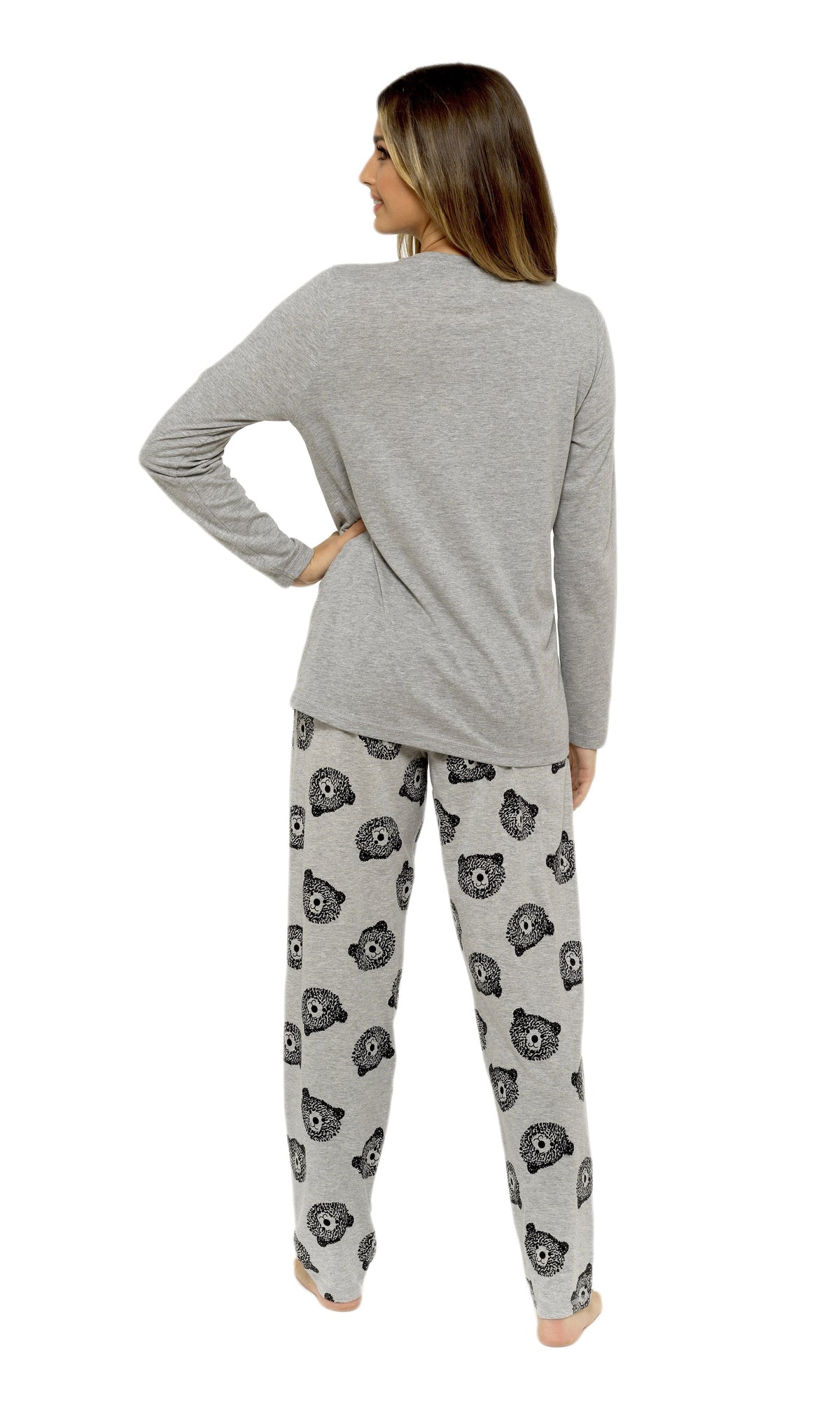 Womens Grey Cotton Pyjama Set With Teddy Bear Design Cosy Easy-Care Nightwear Set