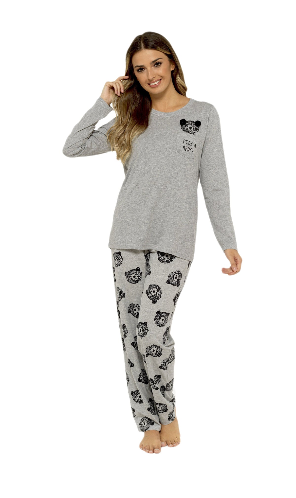 Womens Grey Cotton Pyjama Set With Teddy Bear Design Cosy Easy-Care Nightwear Set