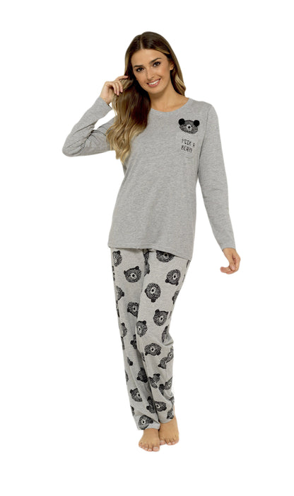 Womens Grey Cotton Pyjama Set With Teddy Bear Design Cosy Easy-Care Nightwear Set