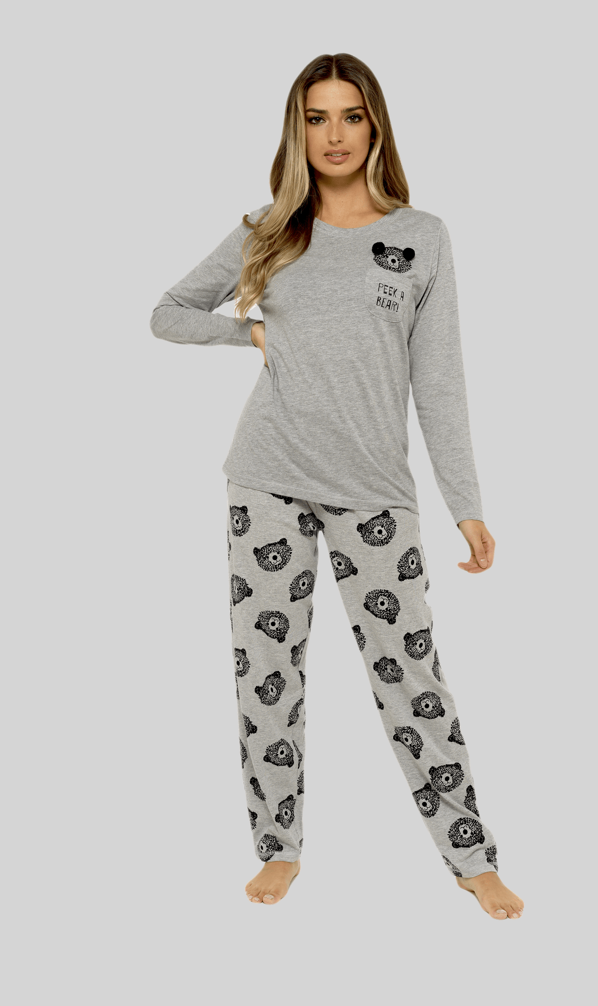 Womens Grey Cotton Pyjama Set With Teddy Bear Design Cosy Easy-Care Nightwear Set