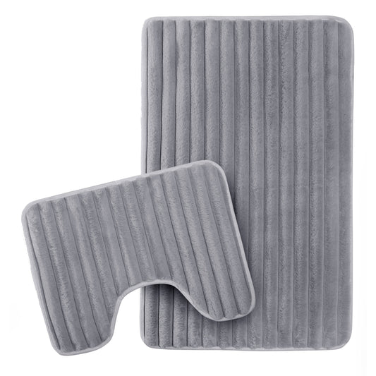 2 Piece Ribbed Bath Mat Set Charcoal Extra Soft Non Slip Super Absorbent