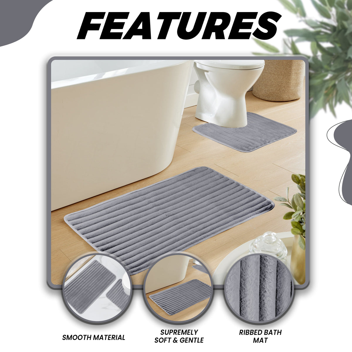 2 Piece Ribbed Bath Mat Set Charcoal Extra Soft Non Slip Super Absorbent