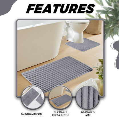 2 Piece Ribbed Bath Mat Set Charcoal Extra Soft Non Slip Super Absorbent