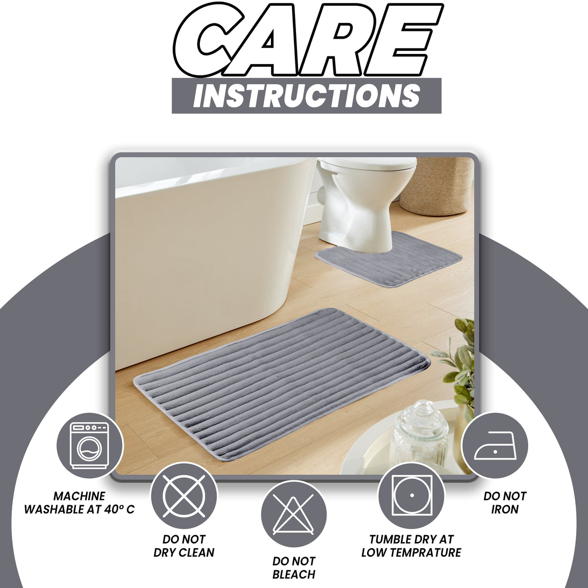 2 Piece Ribbed Bath Mat Set Charcoal Extra Soft Non Slip Super Absorbent