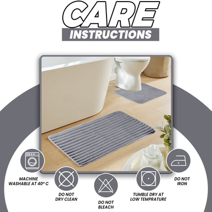 2 Piece Ribbed Bath Mat Set Charcoal Extra Soft Non Slip Super Absorbent