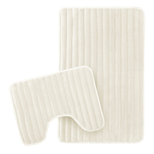 2 Piece Ribbed Bath Mat Set Cream Extra Soft Non Slip Super Absorbent Easy
