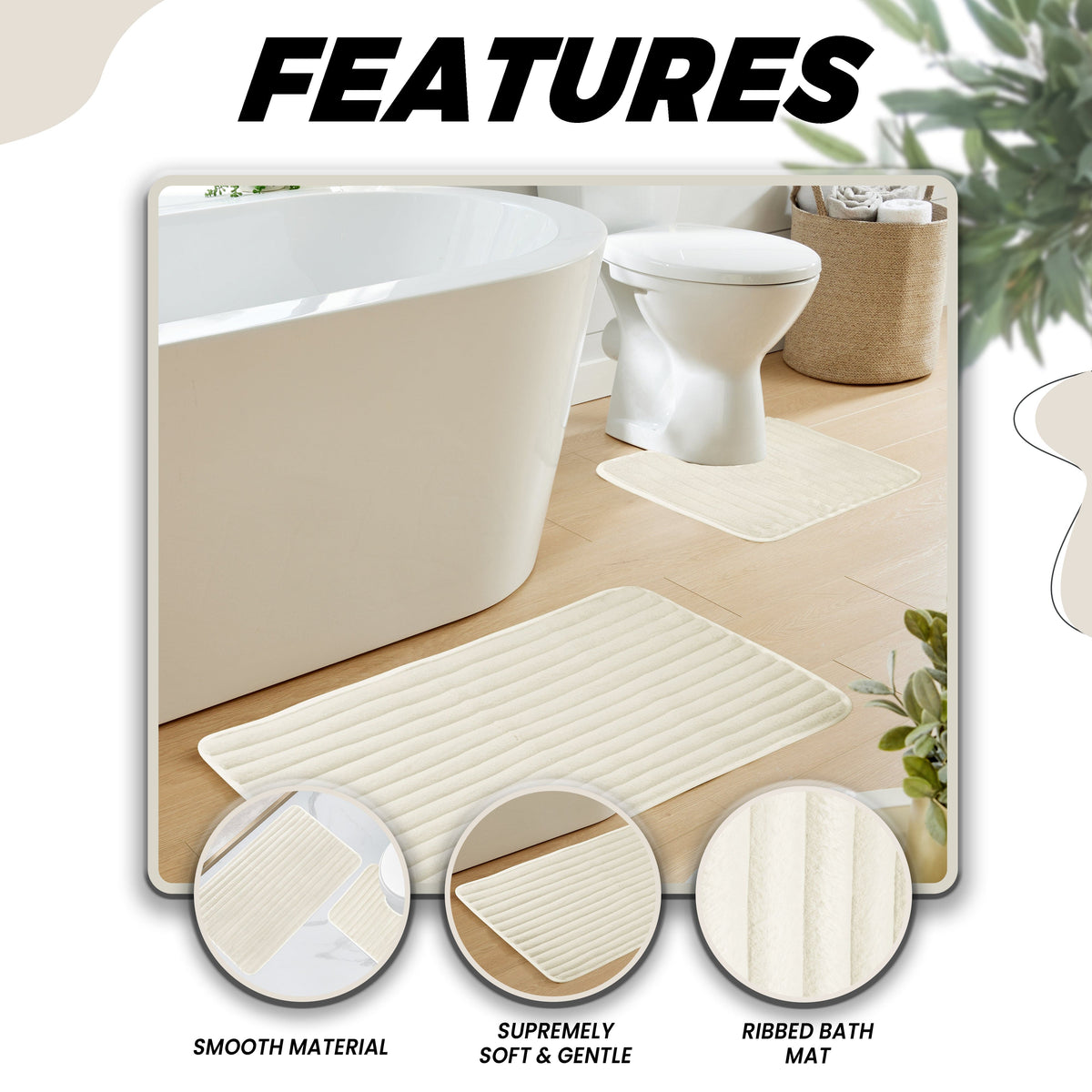 2 Piece Ribbed Bath Mat Set Cream Extra Soft Non Slip Super Absorbent Easy