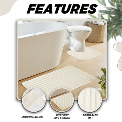 2 Piece Ribbed Bath Mat Set Cream Extra Soft Non Slip Super Absorbent Easy