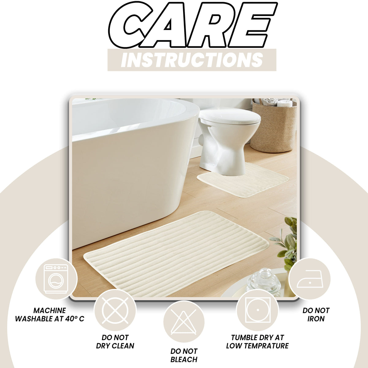 2 Piece Ribbed Bath Mat Set Cream Extra Soft Non Slip Super Absorbent Easy