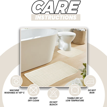 2 Piece Ribbed Bath Mat Set Cream Extra Soft Non Slip Super Absorbent Easy