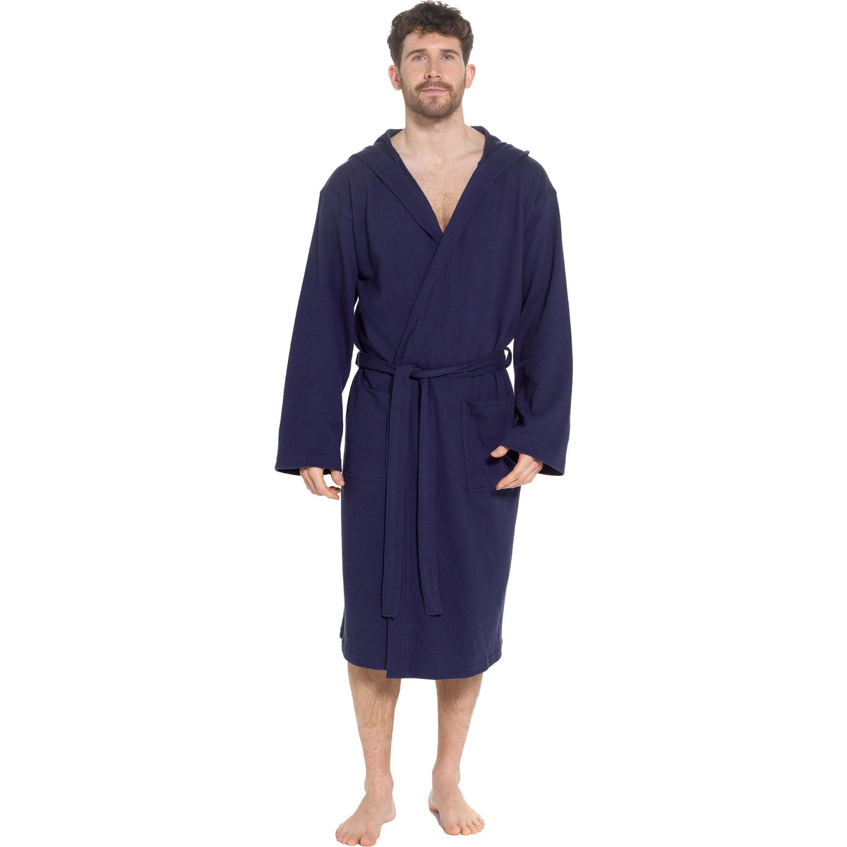 Men's Hooded Waffle Cotton Bathrobe Navy Super Absorbent Cosy Easy-Care Nightwear Set
