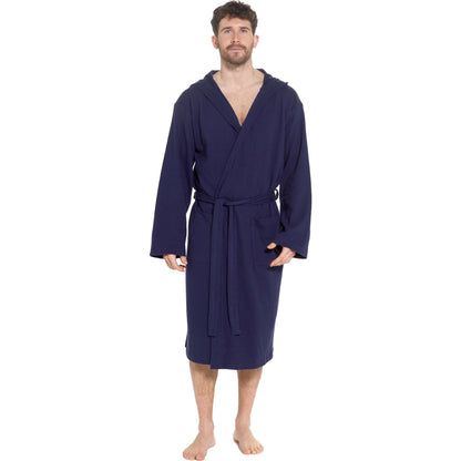 Men's Hooded Waffle Cotton Bathrobe Navy Super Absorbent Cosy Easy-Care Nightwear Set