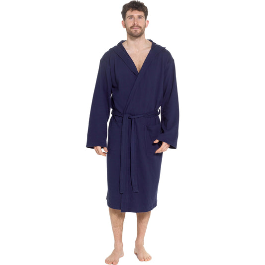 Men's Hooded Waffle Cotton Bathrobe Navy Super Absorbent Cosy Easy-Care Nightwear Set