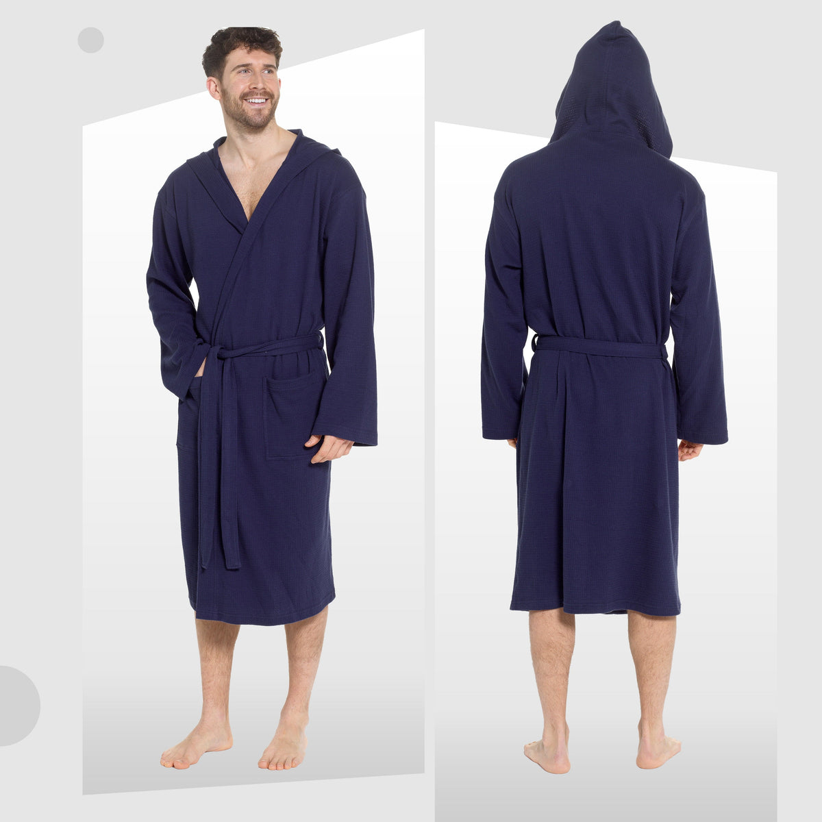 Men's Hooded Waffle Cotton Bathrobe Navy Super Absorbent Cosy Easy-Care Nightwear Set