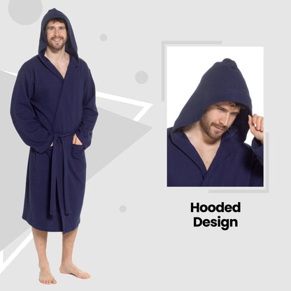 Men's Hooded Waffle Cotton Bathrobe Navy Super Absorbent Cosy Easy-Care Nightwear Set