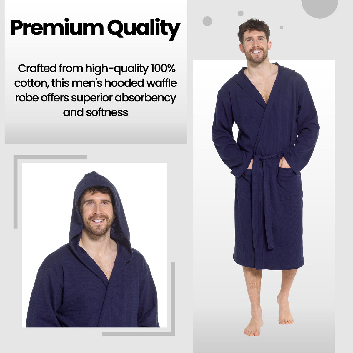 Men's Hooded Waffle Cotton Bathrobe Navy Super Absorbent Cosy Easy-Care Nightwear Set
