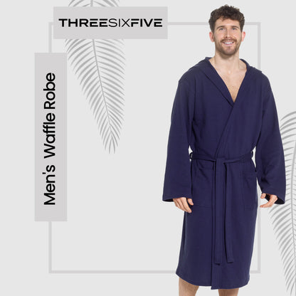 Men's Hooded Waffle Cotton Bathrobe Navy Super Absorbent Cosy Easy-Care Nightwear Set