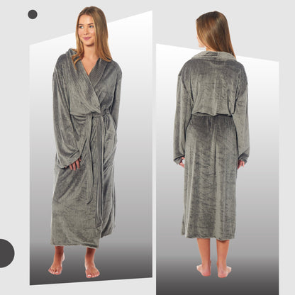 Womens Stripe Jacquard Soft Warm Long Dressing Gown With Belt Pockets Shawl