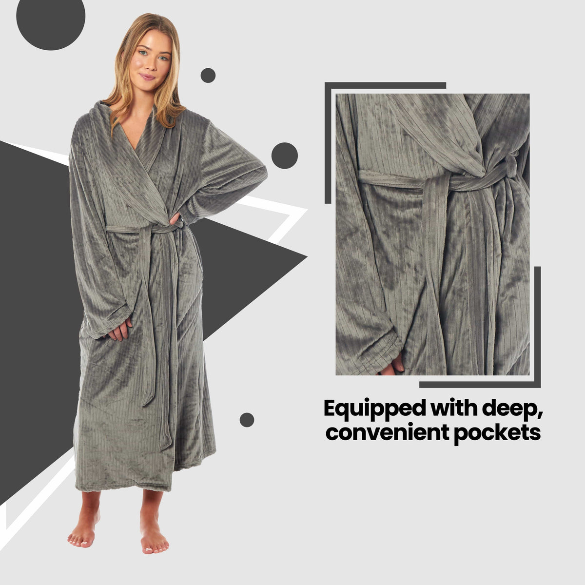Womens Stripe Jacquard Soft Warm Long Dressing Gown With Belt Pockets Shawl