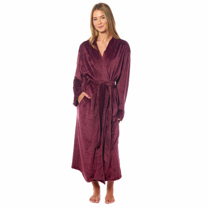 Womens Stripe Jacquard Soft Warm Long Dressing Gown With Belt Pockets Shawl