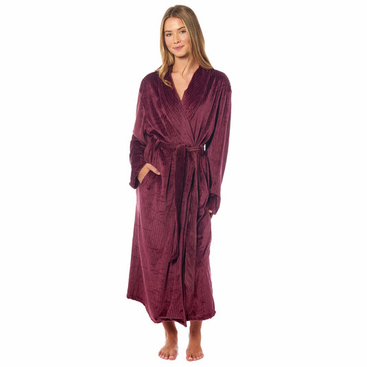 Womens Stripe Jacquard Soft Warm Long Dressing Gown With Belt Pockets Shawl