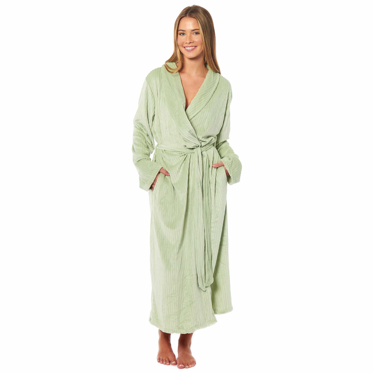Womens Stripe Jacquard Soft Warm Long Dressing Gown With Belt Pockets Shawl