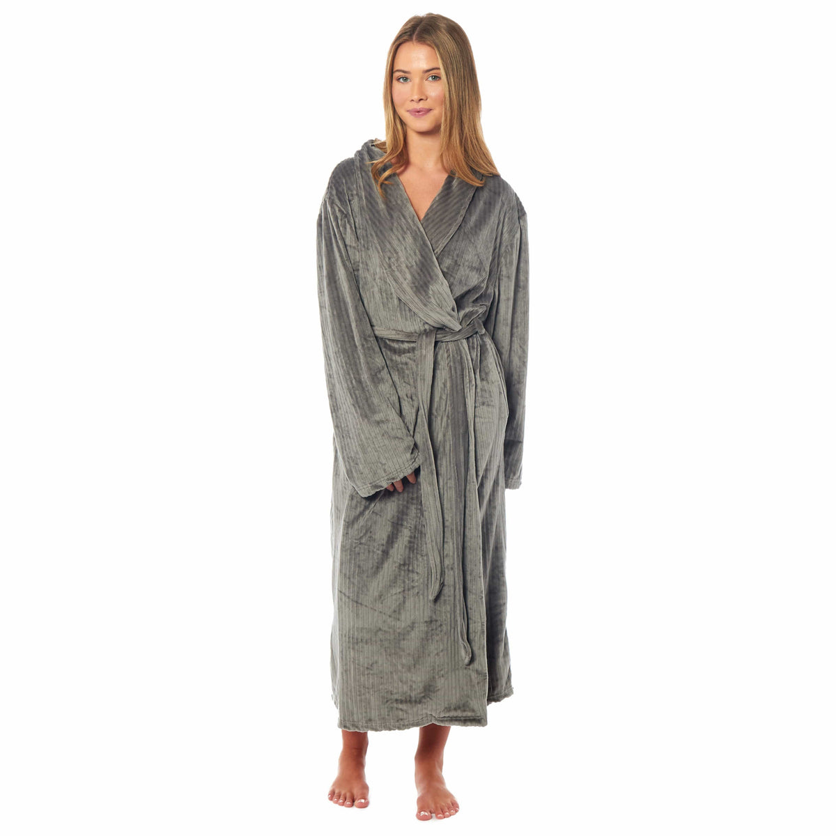 Womens Stripe Jacquard Soft Warm Long Dressing Gown With Belt Pockets Shawl