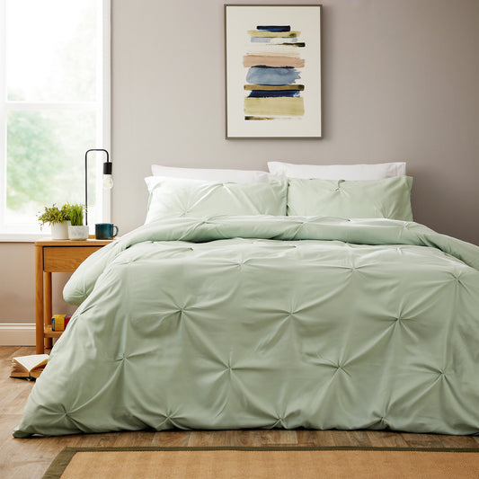 Pintuck Sage Green Microfibre Duvet Cover Set With Pillowcases Easy Care