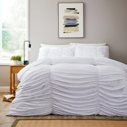 Ruched White Microfibre Duvet Cover Set With Pillowcases Ruffle Bedding