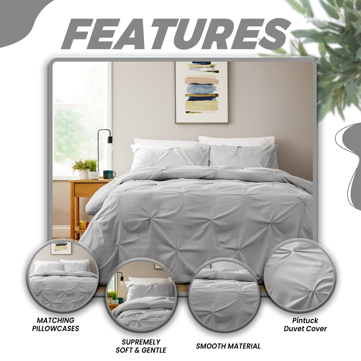 Pintuck Grey Microfibre Duvet Cover Set With Pillowcases Soft Breathable