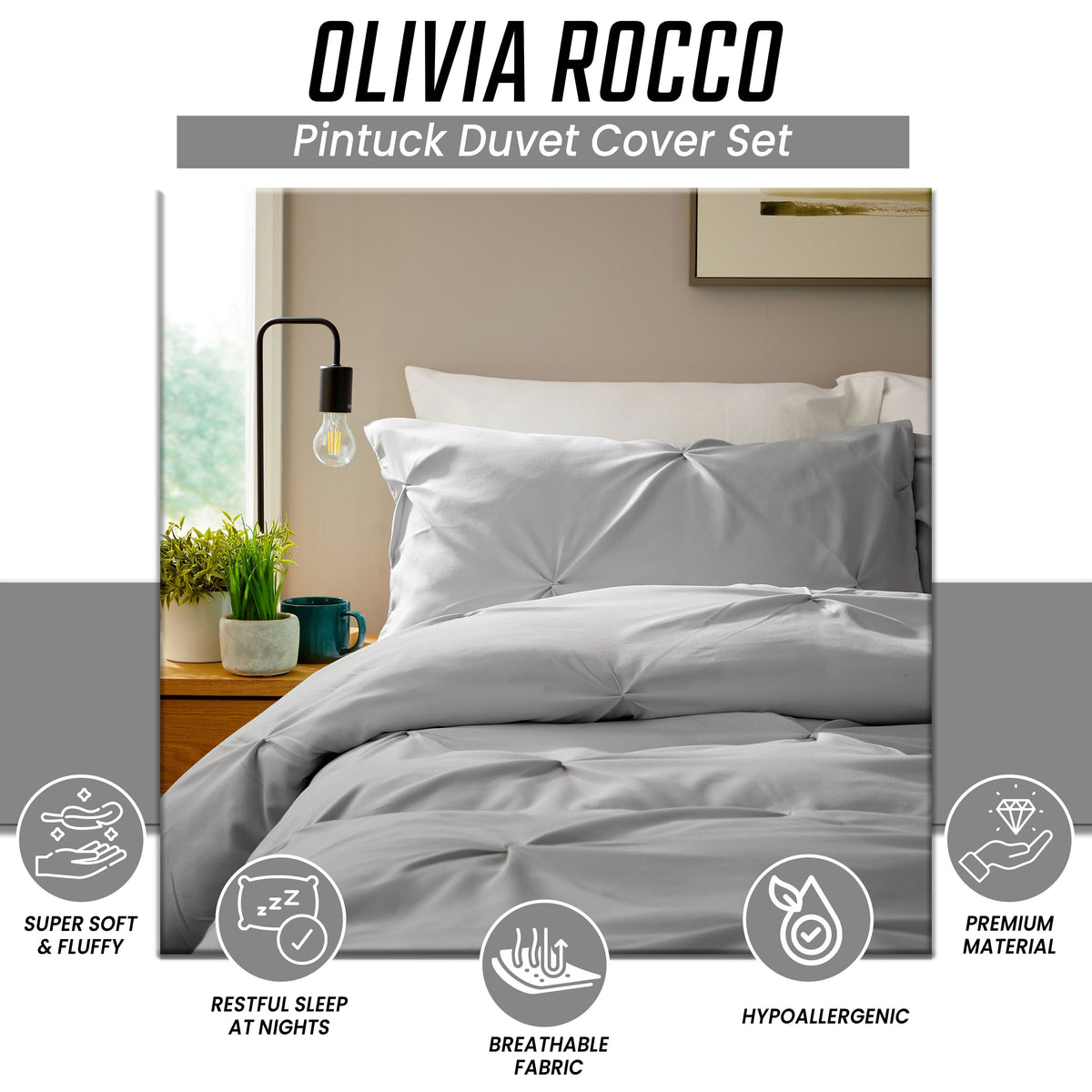 Pintuck Grey Microfibre Duvet Cover Set With Pillowcases Soft Breathable