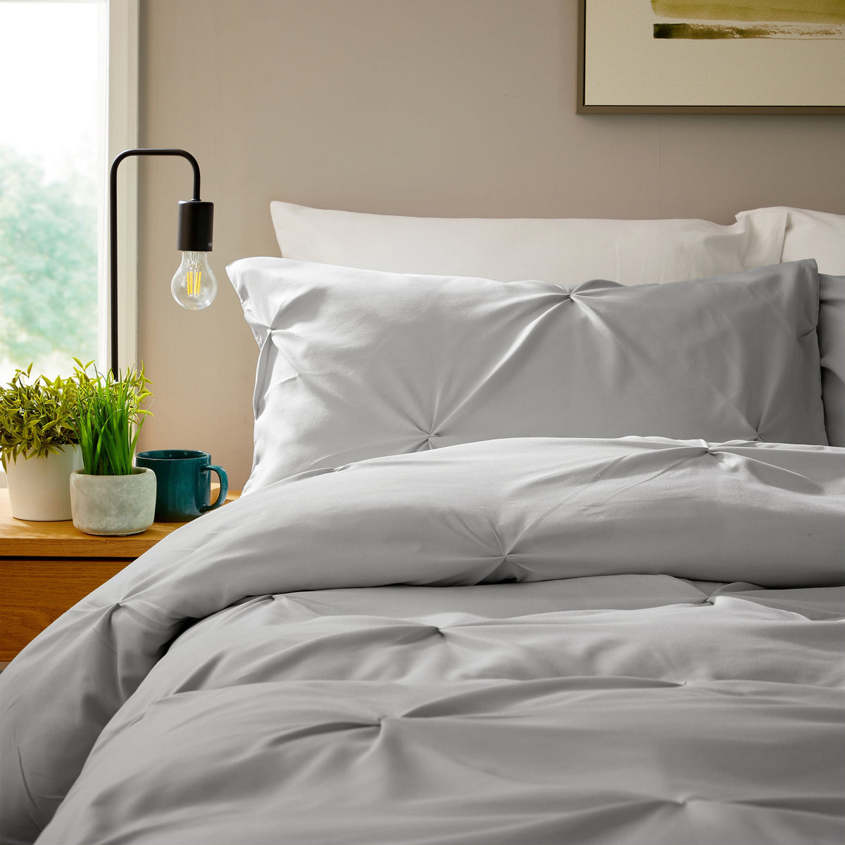 Pintuck Grey Microfibre Duvet Cover Set With Pillowcases Soft Breathable
