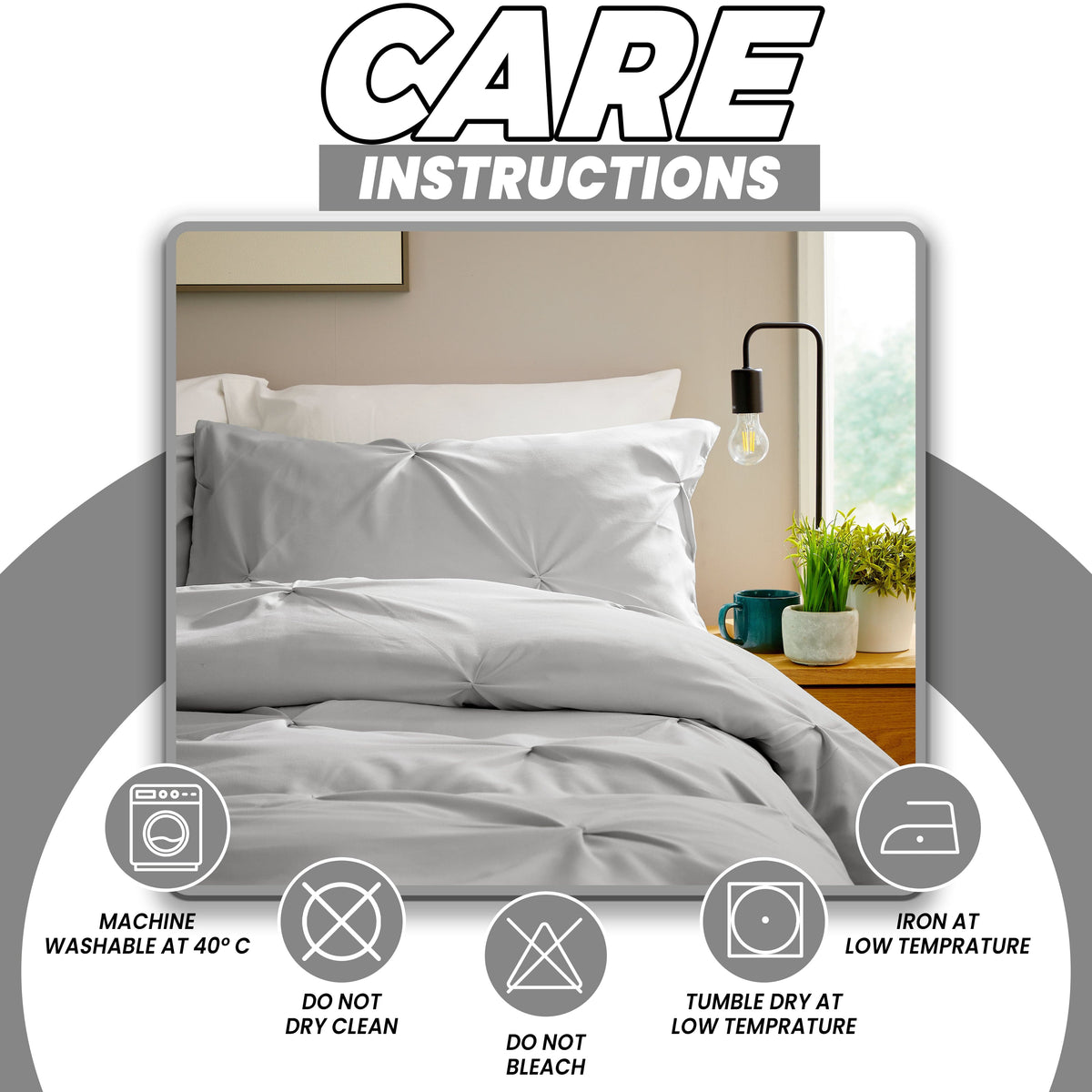 Pintuck Grey Microfibre Duvet Cover Set With Pillowcases Soft Breathable