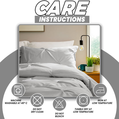 Pintuck Grey Microfibre Duvet Cover Set With Pillowcases Soft Breathable