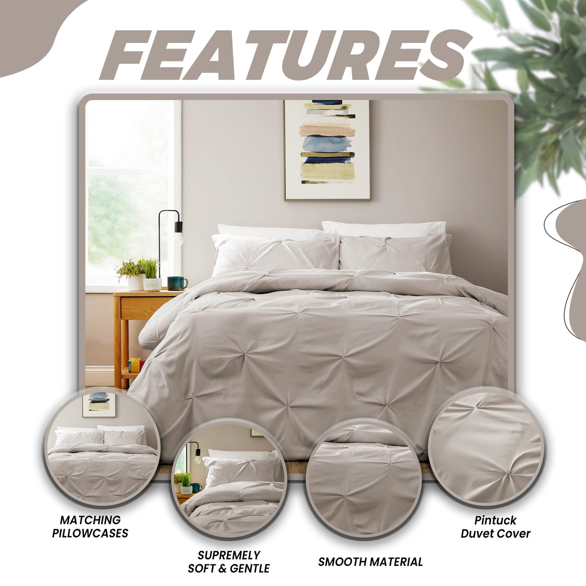 Pintuck Natural Microfibre Duvet Cover Set With Pillowcases Easy Care