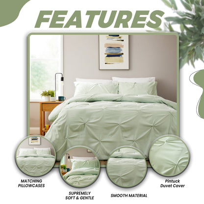 Pintuck Sage Green Microfibre Duvet Cover Set With Pillowcases Easy Care
