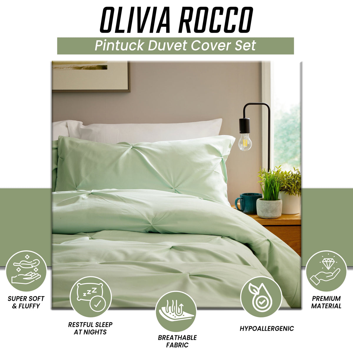 Pintuck Sage Green Microfibre Duvet Cover Set With Pillowcases Easy Care