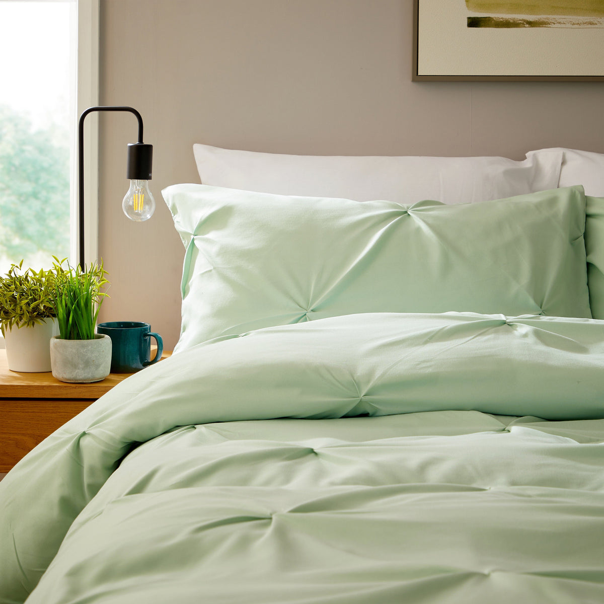 Pintuck Sage Green Microfibre Duvet Cover Set With Pillowcases Easy Care
