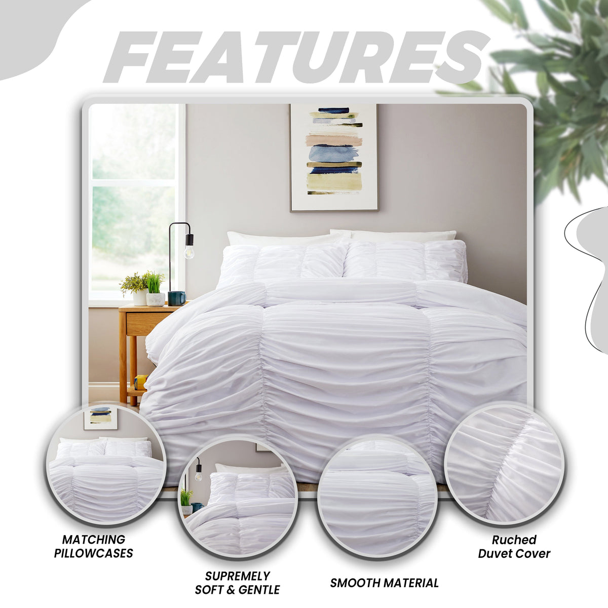 Ruched White Microfibre Duvet Cover Set With Pillowcases Ruffle Bedding