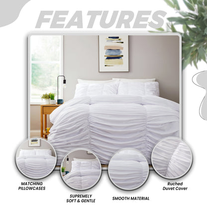Ruched White Microfibre Duvet Cover Set With Pillowcases Ruffle Bedding