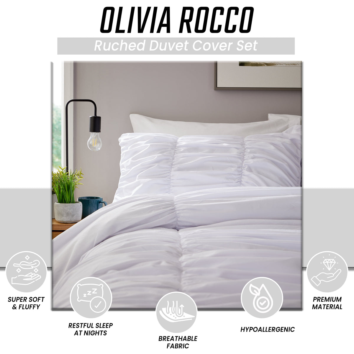 Ruched White Microfibre Duvet Cover Set With Pillowcases Ruffle Bedding