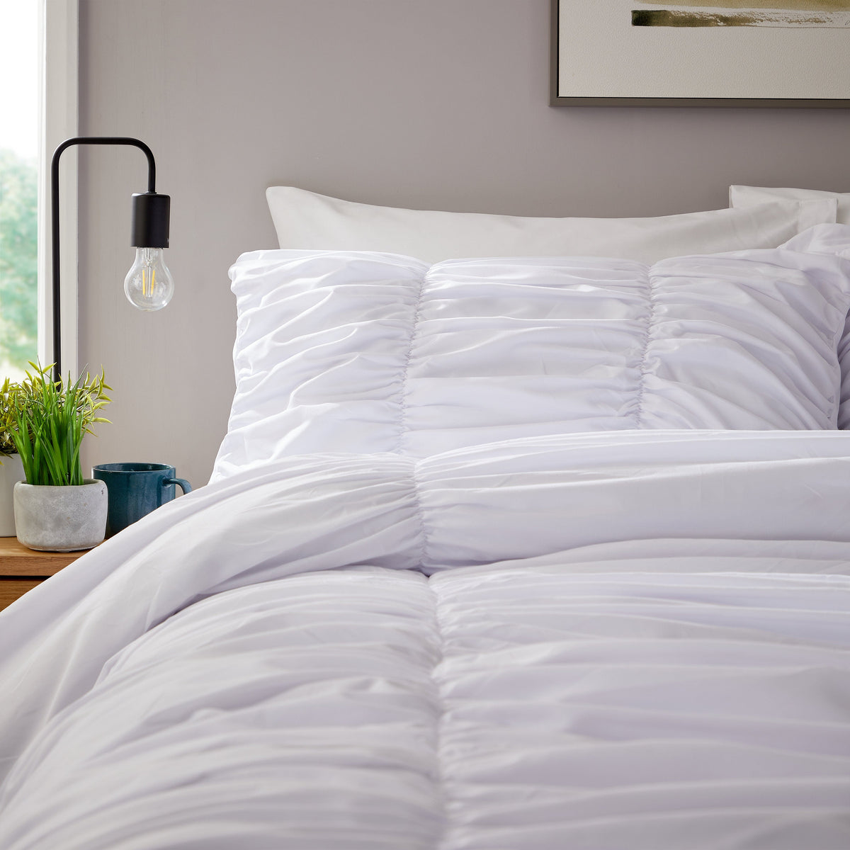 Ruched White Microfibre Duvet Cover Set With Pillowcases Ruffle Bedding